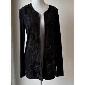 Chicos Travelers Open Front Jacket Cardigan Size 0 Black Brown Velvet Burnout